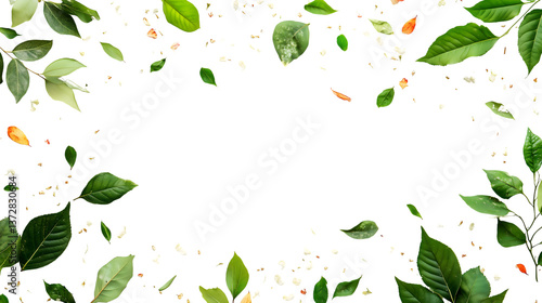 Flat Lay of Fresh Spring Leaves and Flower Petals on White Background

