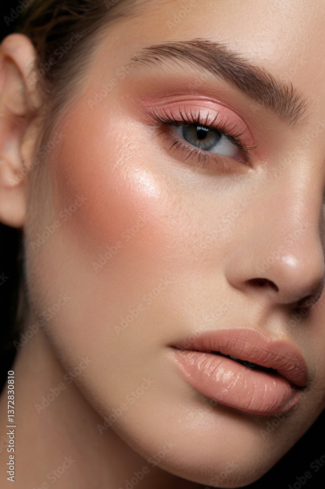 Young model with dewy skin complexion and radiant glow. Soft and fresh make up, with peachy-pink blush and glossy subtle pink lips, maintains a natural aesthetic creating a healthy, hydrated look. Young model with dewy skin complexion and radiant glow. Soft and fresh make up, with peachy-pink blush and glossy subtle pink lips, maintains a natural aesthetic creating a healthy, hydrated look.