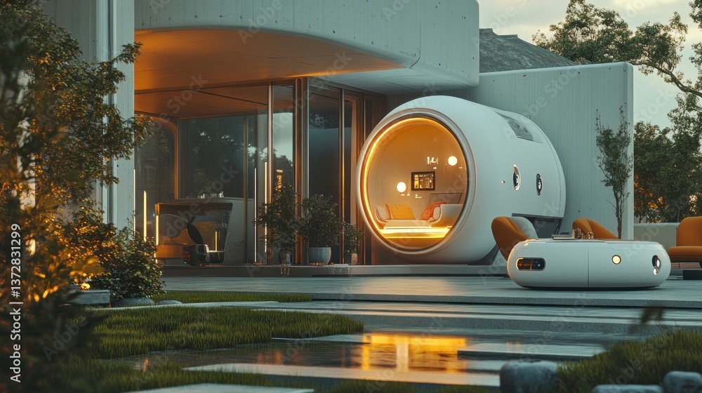 Fototapeta premium Futuristic Pod Home Exterior with Modern Architecture and Lush Garden