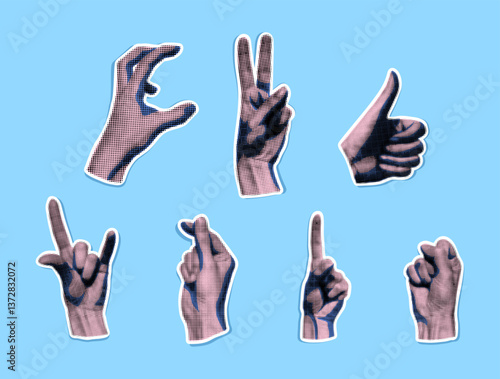 Realistic Halftone Dotted Human Hands Different Gestures Set Contemporary Art Collage Elements. Vector illustration of Pointing Hand , Fist, Victory and Heart Signs Hand