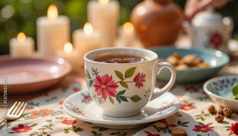 Fototapeta premium Delicate tea cup on festive Iftar table, evening warmth