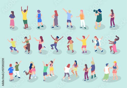 Cartoon Color Different Characters People on Music Festival or Open-air Concert Set Concept Flat Design Style. Vector illustration
