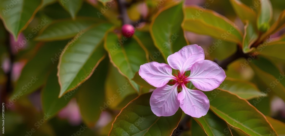 Obraz premium A solitary, delicate pink cherry blossom rests against a vibrant green leaf backdrop, cherry blossom, nature, spring