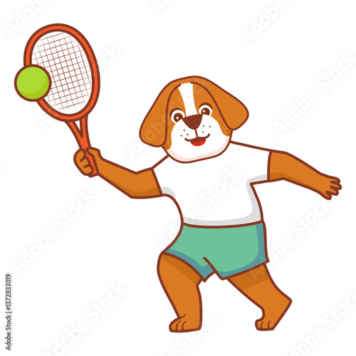Sport animal cute dog tennis player. Cartoon funny dog playing a tennis.Tennis dog logo.Dog athlete sport.