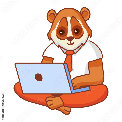 Student lori working on the laptop computer.Study online animal lori  .Online children education.School boy lori working at the laptop.Active young kid animal.Student hands using laptop. Vector flat.
