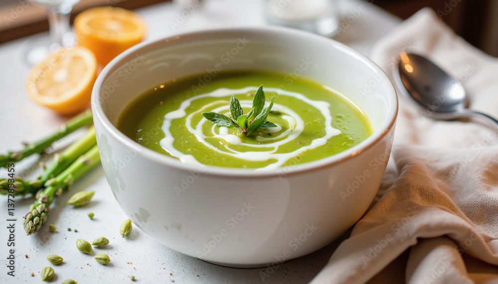 Elegant asparagus soup with cream swirl on dining table, gourmet cuisine Elegant asparagus soup with cream swirl on dining table, gourmet cuisine
