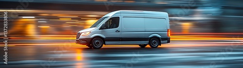 A white cargo van is speeding rapidly through a blurred city at night