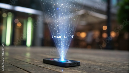 smartphone emits holographic email alert, creating captivating light beam effect in lively outdoor setting