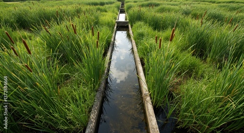 An artificial wetland showcases lush vegetation and clear water channels designed for effective water purification and environmental sustainability