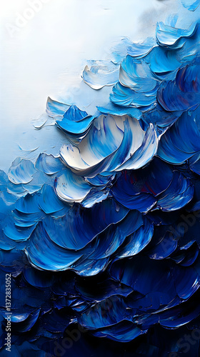Impasto art showcasing blue and white brush strokes creating texture from light to dark with fluid and organic curves an