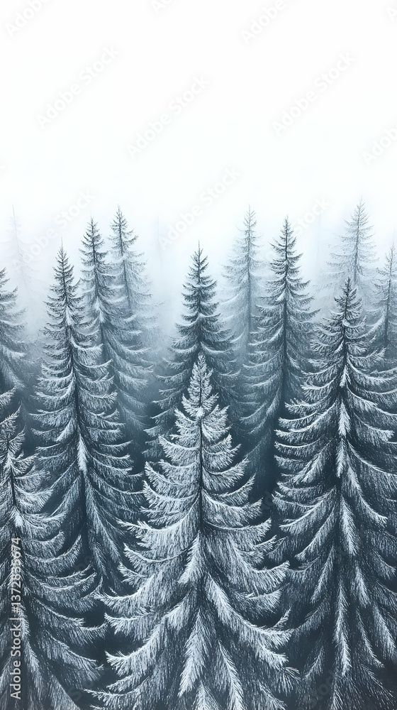 Fototapeta premium A winter scene showcases tall snow-covered fir trees disappearing into a foggy white background evoking a sense of tr