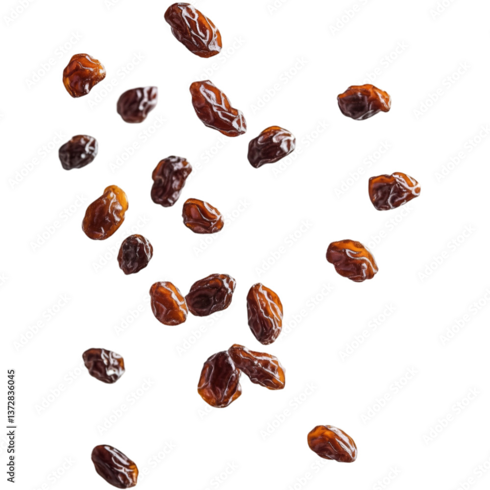 Brown raisins falling on black background sweet snack healthy food Brown raisins falling on black background sweet snack healthy food
