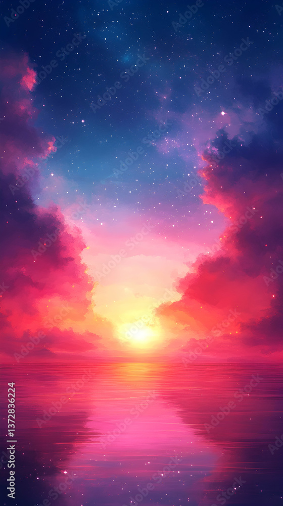 Fototapeta premium A pink and orange sunset reflects on the water surrounded by clouds and a starry sky with blues and purples above