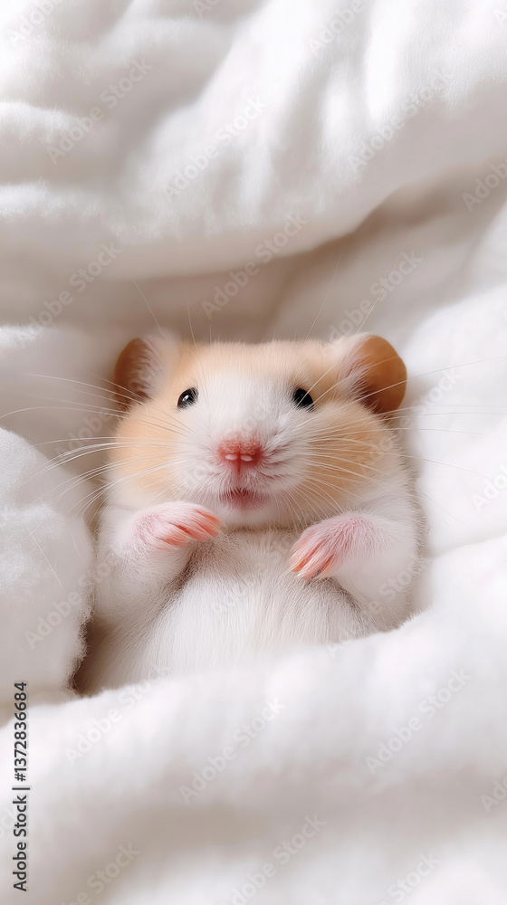 A hamster is laying on a white blanket. The hamster is looking at the camera. The hamster is small and cute A hamster is laying on a white blanket. The hamster is looking at the camera. The hamster is small and cute