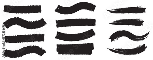Straight lines of a marker or brush for highlighting and underlining. Black highlight marker lines, highlighters pen acid strokes. Underline brush or pen line for text, scribble permanent markers 