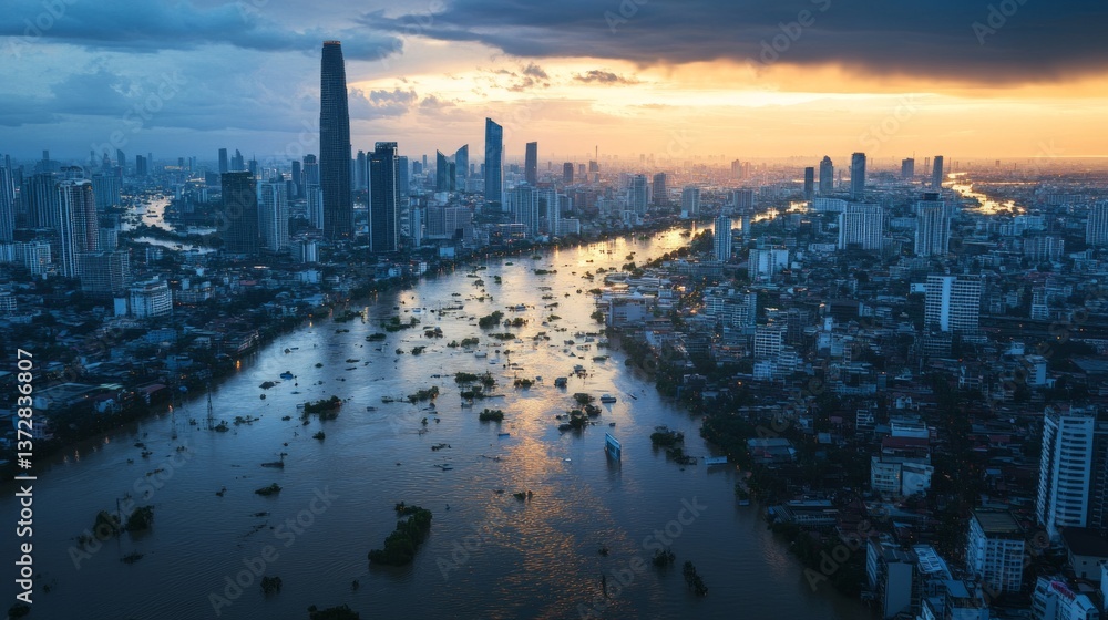 Fototapeta premium Flooded urban landscape at sunset cityscape view nature and architecture harmony atmospheric environment
