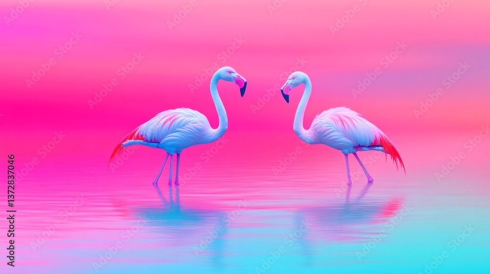 Fototapeta premium Two flamingos wading in water with vibrant colors shining