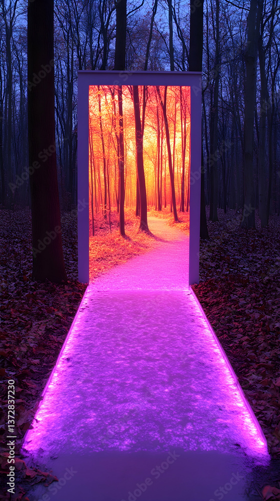 Obraz premium A portal glows with orange light amidst a dark forest with a purple platform leading into the unknown a surreal and my