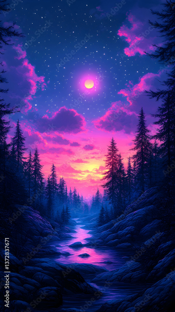 A purple stream flows in a forest beneath the sun and starry night sky A surreal and majestic scene A purple stream flows in a forest beneath the sun and starry night sky A surreal and majestic scene