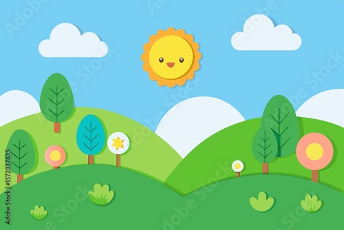 A bright and colorful cartoon landscape, smily Sun, fluffy clouds.