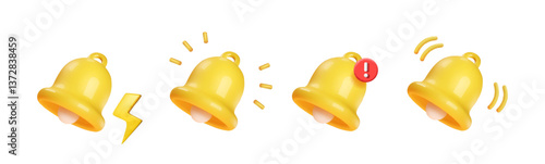 Notification bell 3d icon set Alert sign, New incoming inbox message. Subscribe symbol, Social media reminder. News, notification, alarm icon. Cartoon vector