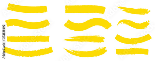 Yellow vector marker graphic stylish element. Highlighting and underlining text. Brush lines. Hand drawn marker strokes. Stripes of text markers. Watercolor hand drawn highlight set. Brush paint strok