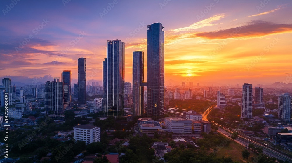 Sunset skyscraper view over cityscape urban landscape aerial photography evening vibrant atmosphere Sunset skyscraper view over cityscape urban landscape aerial photography evening vibrant atmosphere