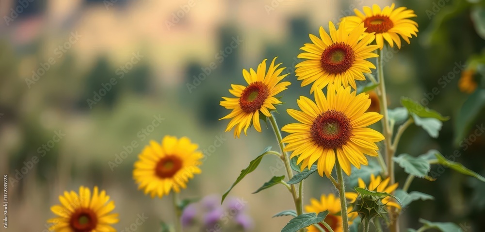 Vibrant yellow wild sunflowers in full bloom against a blurred natural background, field, outdoor, sunlight Vibrant yellow wild sunflowers in full bloom against a blurred natural background, field, outdoor, sunlight