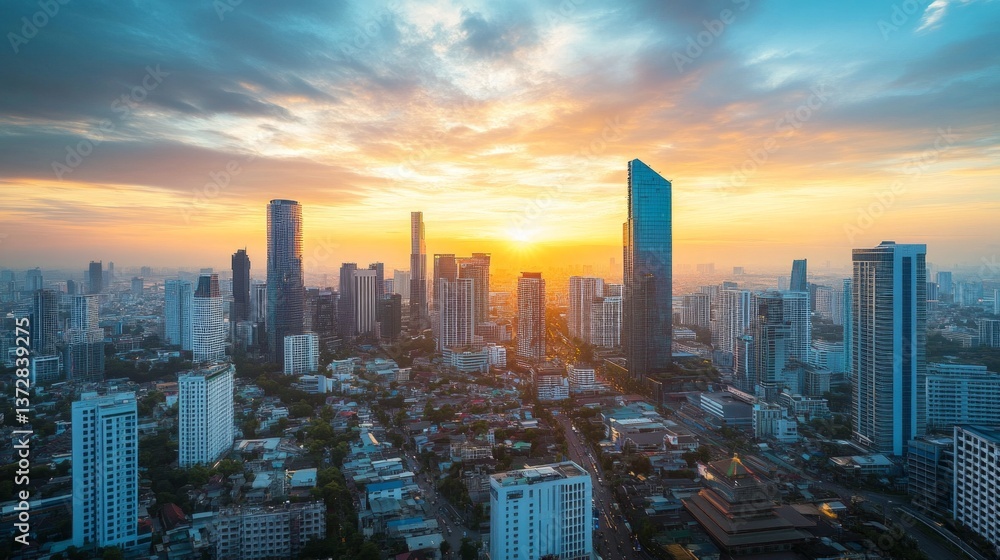 Fototapeta premium Sunset skyline over urban cityscape modern architecture aerial view vibrant atmosphere urban development