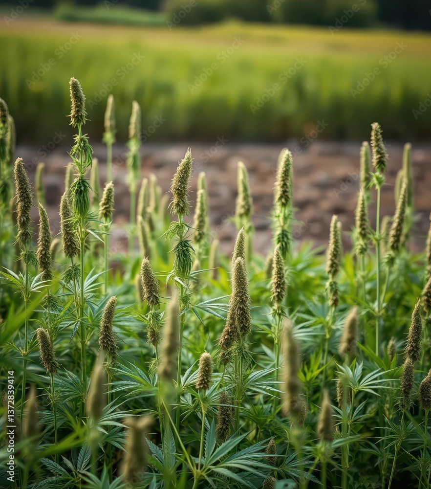 Wild hemp plants thriving in a rural field, tall stalks and lush green leaves, wilderness, untamed, sunlight Wild hemp plants thriving in a rural field, tall stalks and lush green leaves, wilderness, untamed, sunlight