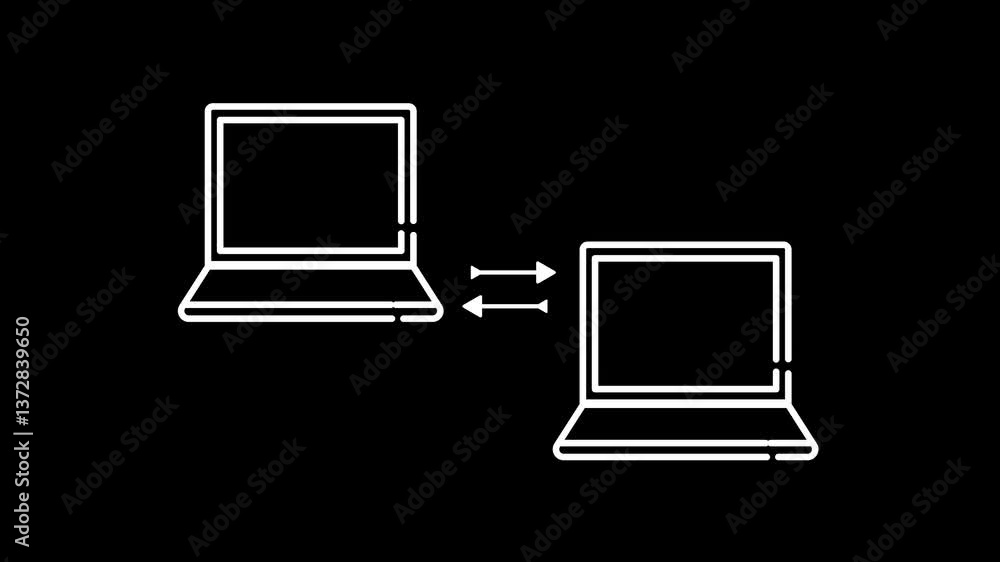 Outline two laptop computer isolated on a black background. hosting computer network sharing concept. 4k motion. Outline two laptop computer isolated on a black background. hosting computer network sharing concept. 4k motion.