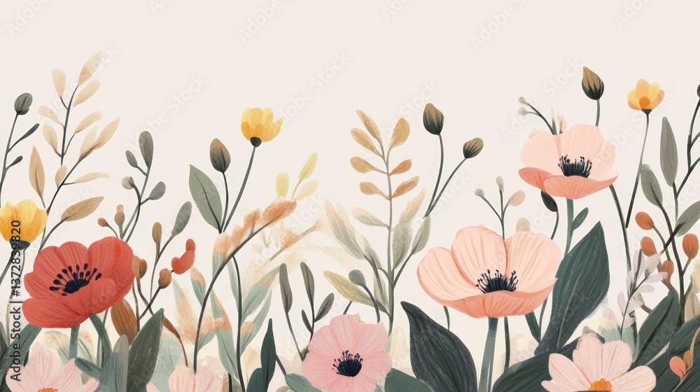 Beautiful painted wildflowers with leaves arranged on a light background Beautiful painted wildflowers with leaves arranged on a light background