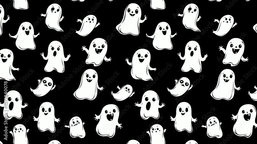 Seamless animation of cute cartoon ghosts on black background. Seamless animation of cute cartoon ghosts on black background.