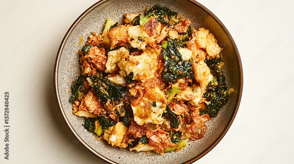 Savory scrambled eggs with nutritious kale served in a stylish bowl, top view Savory scrambled eggs with nutritious kale served in a stylish bowl, top view