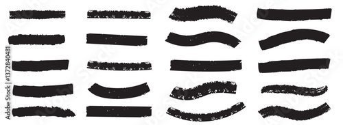 Straight lines of a marker or brush for highlighting and underlining. Black highlight marker lines, highlighters pen acid strokes. Underline brush or pen line for text, scribble permanent markers 