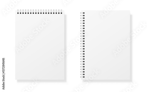 Notebook mockup set. White copybook blank. Realistic notepad with soft shadow. Simple diary template on white background. Spiral organizer isolated. Vector illustration.