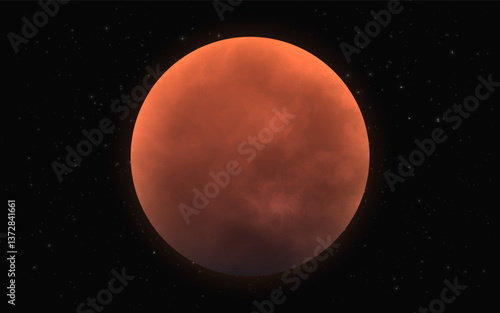 Mars planet. Space object with soft light on starry background. Red planet of solar system with surface in cosmos. Cosmic design for banner, flyer or brochure. Vector illustration.