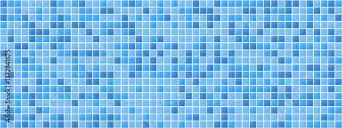 Blue tiles pattern. Classic seamless mosaic. Square swimming pool texture. Simple bathroom background. Wall or floor design template. Ceramic surface concept. Vector illustration.