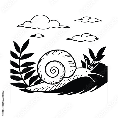 A cute cartoon snail with a spiral shell, a small icon of slow nature