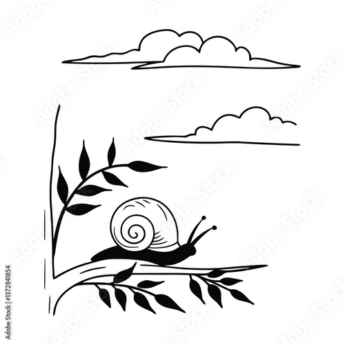 A cute cartoon snail with a spiral shell, a small icon of slow nature