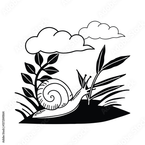 A cute cartoon snail with a spiral shell, a small icon of slow nature