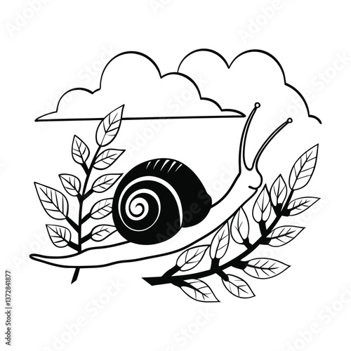 A cute cartoon snail with a spiral shell, a small icon of slow nature