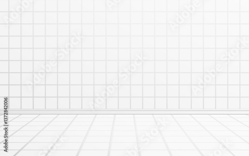 Bathroom floor. White tiles wall. Ceramic square elements with soft light. Clean kitchen or toilet interior design. Minimal geometric mosaic. Light tiled surface. Vector illustration.