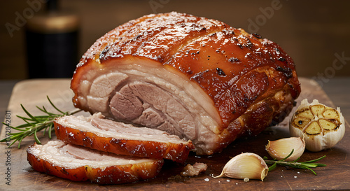 Juicy roast pork shoulder with crispy skin served with garlic cloves and rosemary