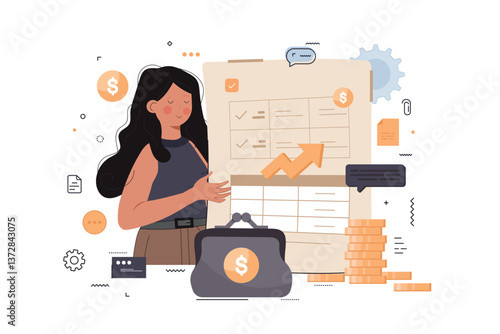 Financial or business profession concept. Business character making financial operation. Economist, financier, broker, accountant, trader, tax inspector, commercial director. Vector illustration