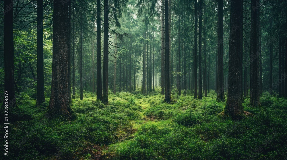 Fototapeta premium A Dense Forest With Tall Green Trees Growing Closely Together