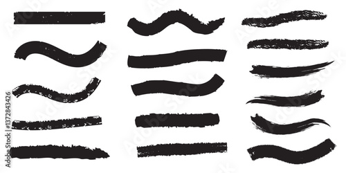 Straight lines of a marker or brush for highlighting and underlining. Black highlight marker lines, highlighters pen acid strokes. Underline brush or pen line for text, scribble permanent markers 