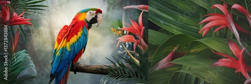 Wallpaper Mural A vibrant macaw perched on a branch amid lush tropical foliage, exuding exotic beauty and vivid colors in a rainforest setting. Torontodigital.ca