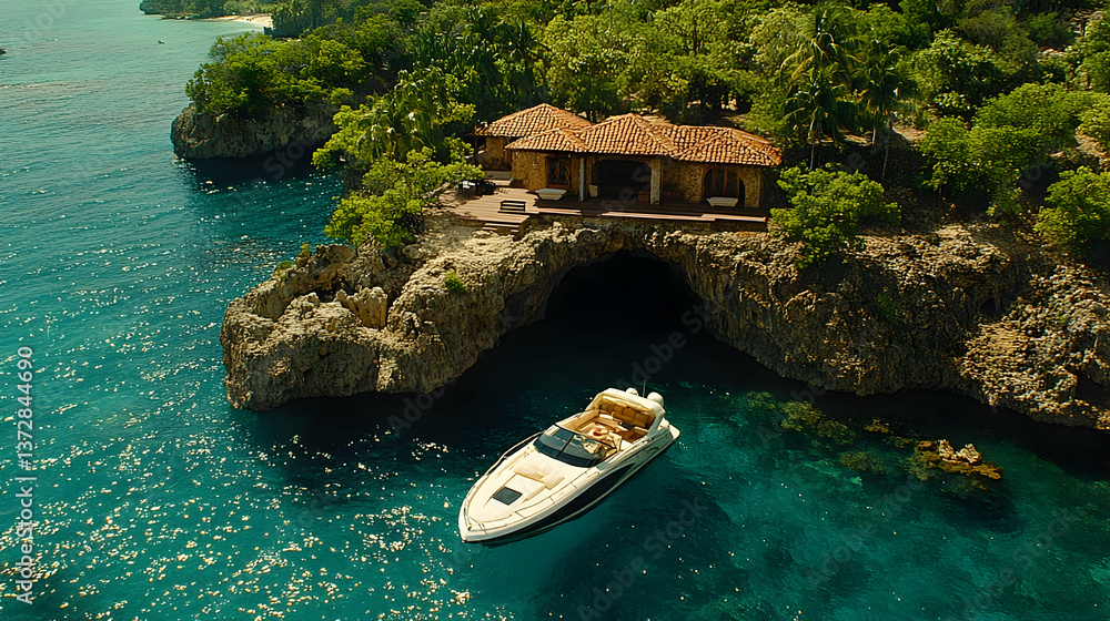 Exotic villa on a cliff over turquoise water a boat below Lush trees surround the tiled-roof home Idyllic island esca Exotic villa on a cliff over turquoise water a boat below Lush trees surround the tiled-roof home Idyllic island esca