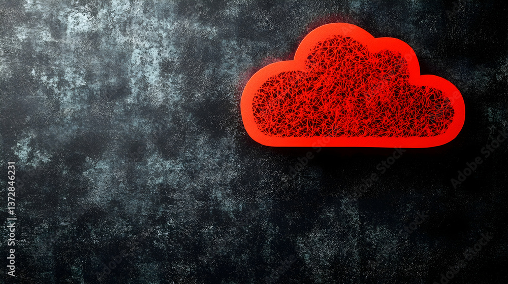 Fototapeta premium Red cloud design made of tangled threads placed on a textured dark gray background creating a visually striking contras